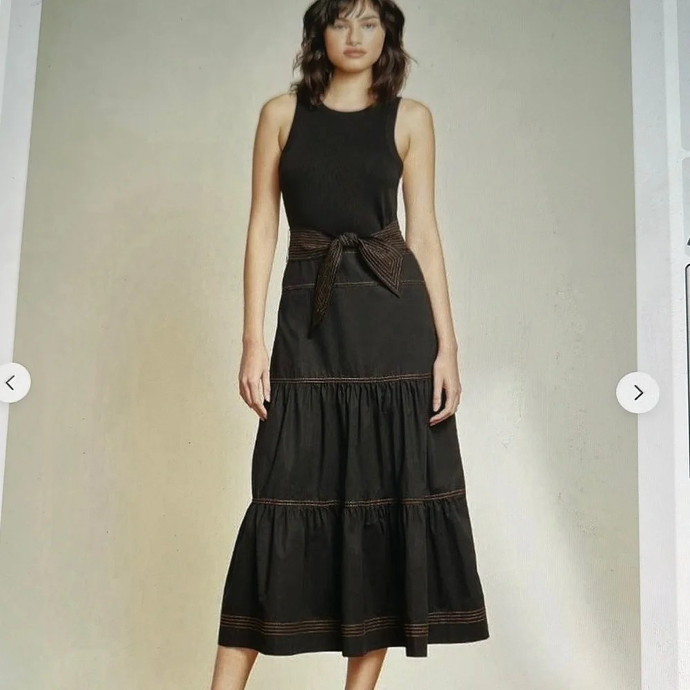 Tahari Elegant Black Sleeveless Midi Dress with Gold Tiered Accents, NWT - Picture 2 of 6